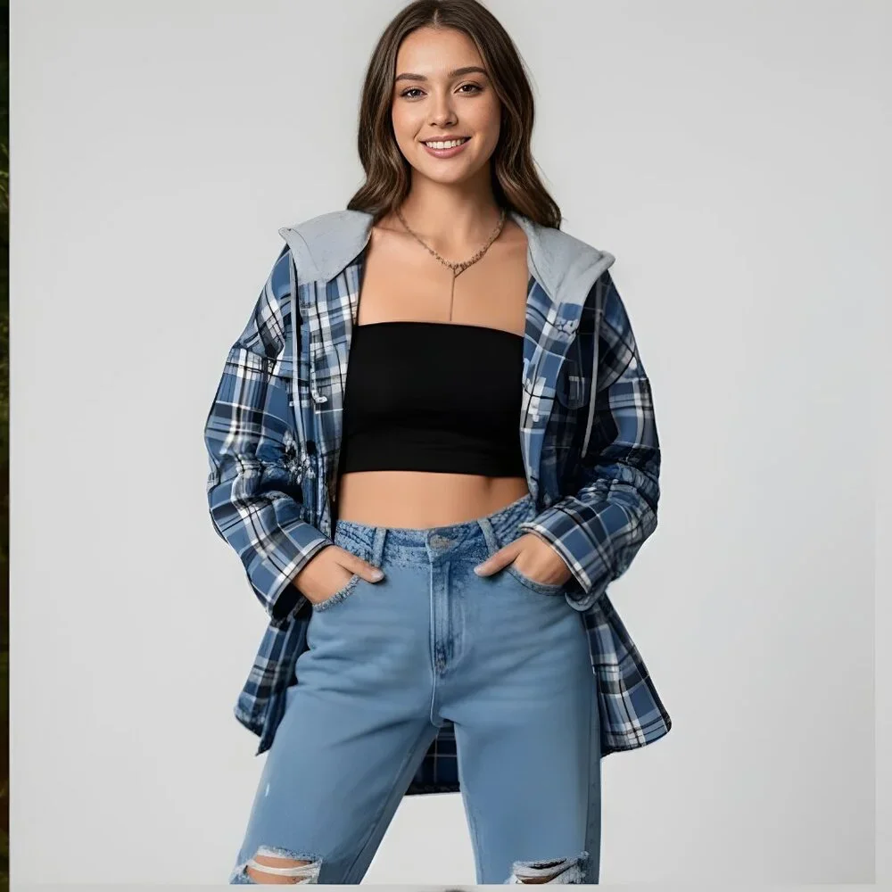 Blue Plaid Shacket with Drawstring Hoodie - Picture 4 of 7
